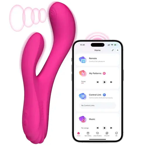 Pink rabbit toy on left with smart phone image on right