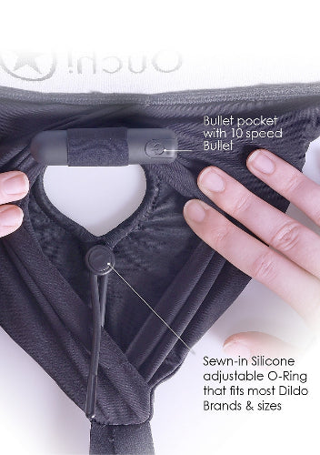 close up of inside front of strap on panties, showing bullet vibrator pocket and adjustable o ring