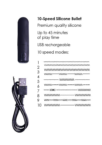 black bullet vibrator with charger cord and product details