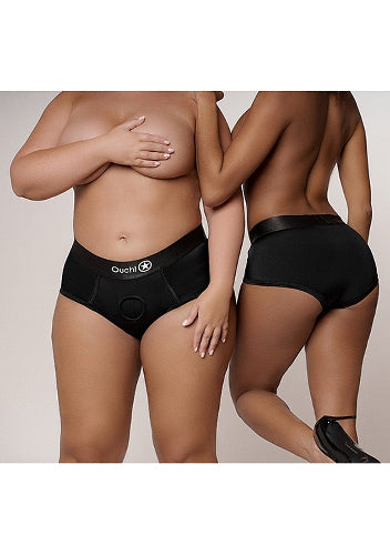 two models wearing black strap on panties, from neck to knees