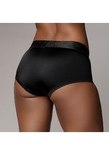 ouch! model backside wearing black strap on panties