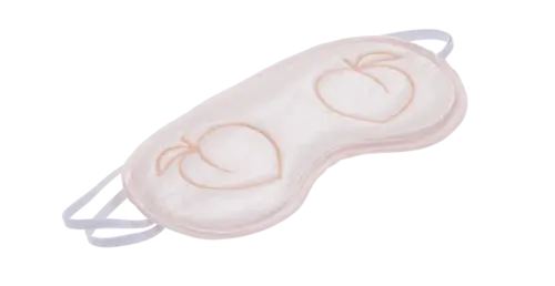 Peaches 'n CreaMe peach-colored satin blindfold with embroidered peaches, angled against transparent background