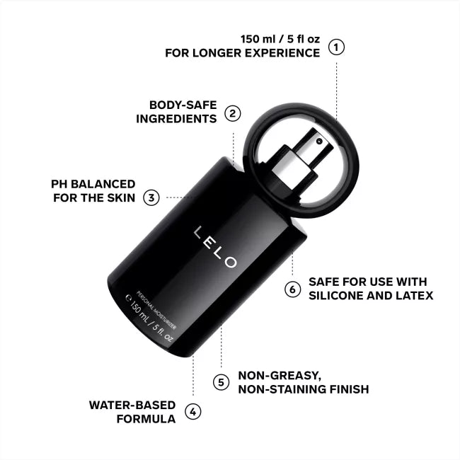 LELO personal moisturizer - black spray bottle against white background with product details