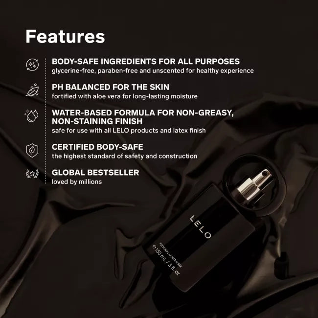 LELO personal moisturizer - black spray bottle with product features