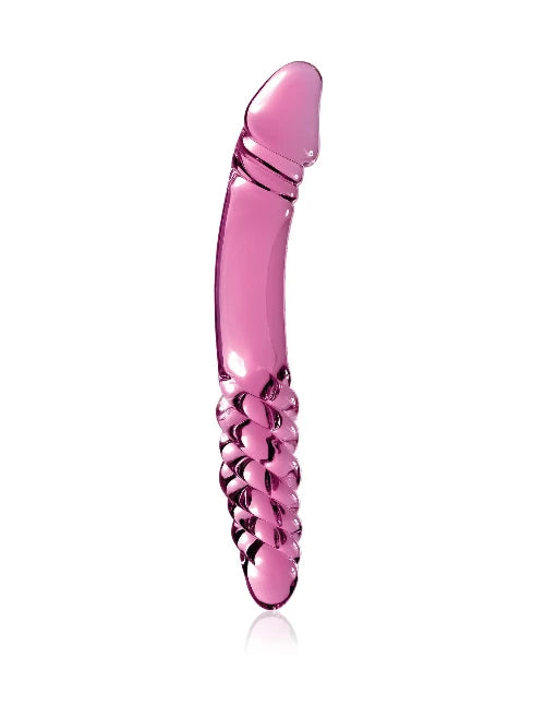 pink double sided dildo against white background