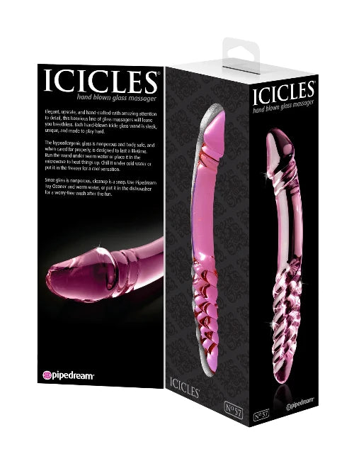 pink double sided dildo in package with product details on packaging