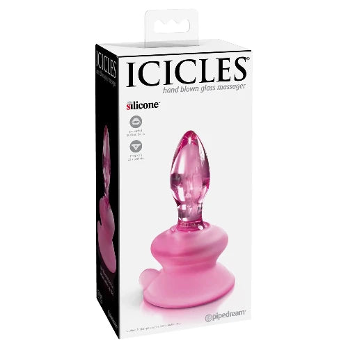 pink glass butt plug in white and black package