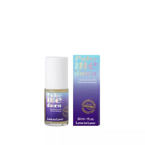 bottle and package of pulse me down penis stimulating gel against white background
