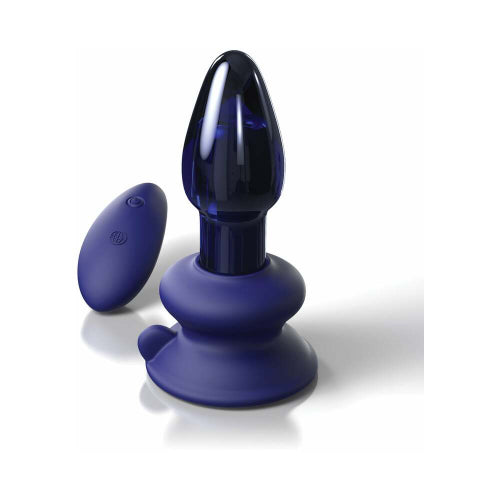 blue icicles glass butt plug with silicone base and remote control against white background