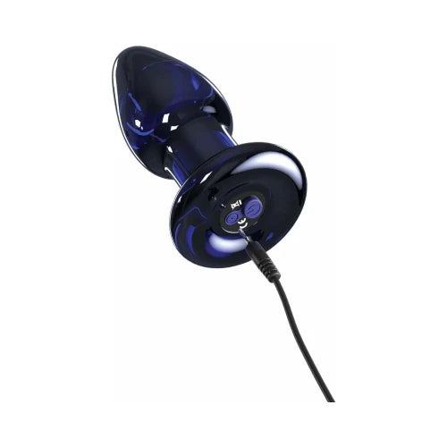 blue glass butt plug with charging cord attached
