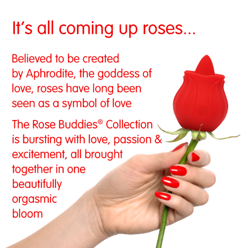 hand with red nails holding red rose toy with red lettering