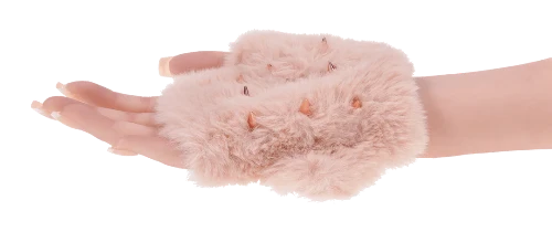 fluffy peach sensory glove on hand with white background