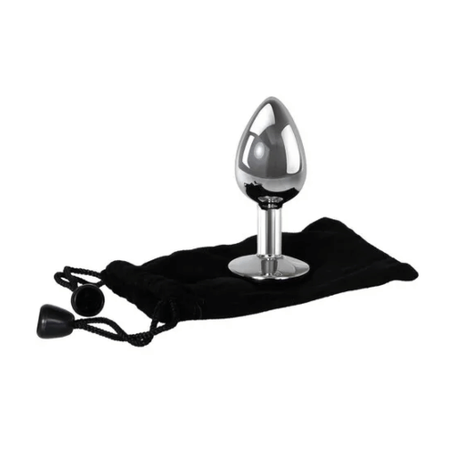 small metal butt plug on soft black storage bag
