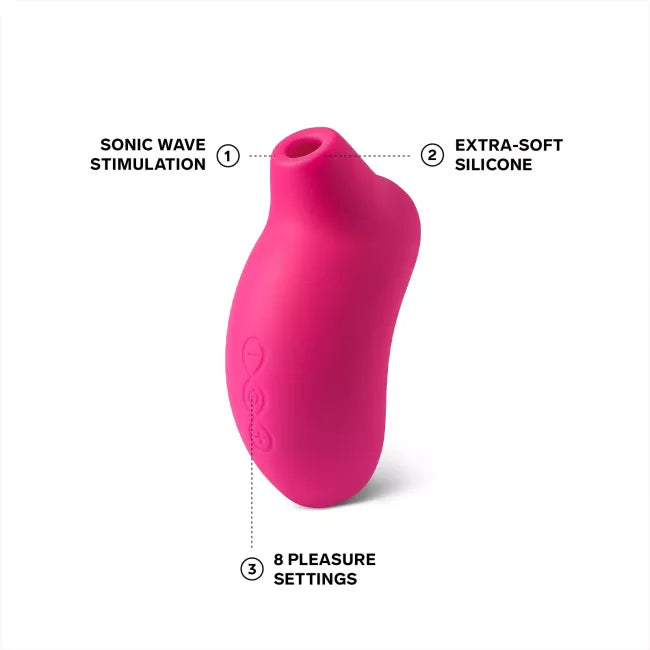 SONA cerise clitoral massager next to product details