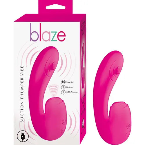 Blaze suction thumper vibrator - pink and white box on left, pink vibrator on right