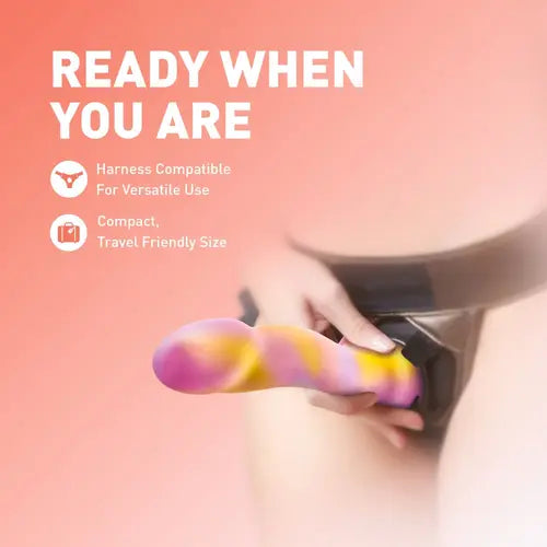 Suns Out Colorful Dildo in Harness - peach background