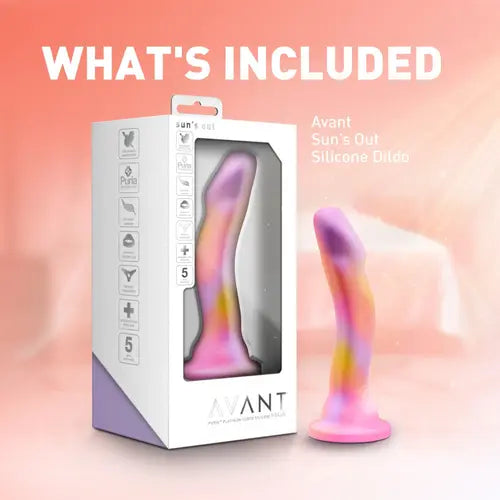 Suns Out - white box with colorful dildo and peach background