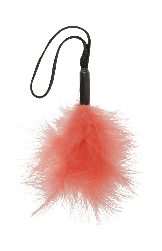 peach wrist feather tickler against white background