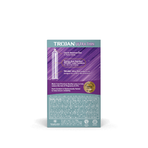 trojan ultra thin condoms box back - teal package with purple