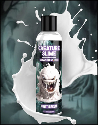 unscented creature cum bottle with white splash against gray background