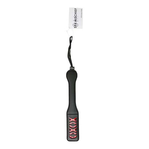 Black paddle with red XOXO design with strong and tag that says sex mischief