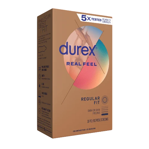 durex real feel condoms - 10 pack - brown box with colorful circle logo