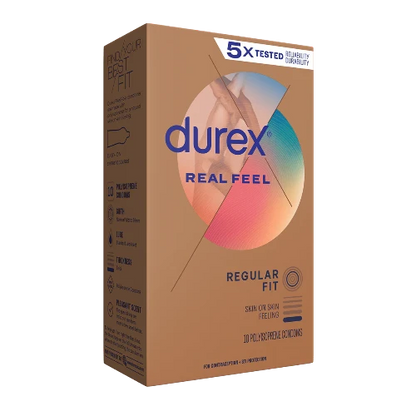 durex real feel condoms - 10 pack - brown box with colorful circle logo