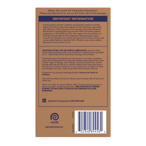 durex real feel back of box - brown box with blue lettering
