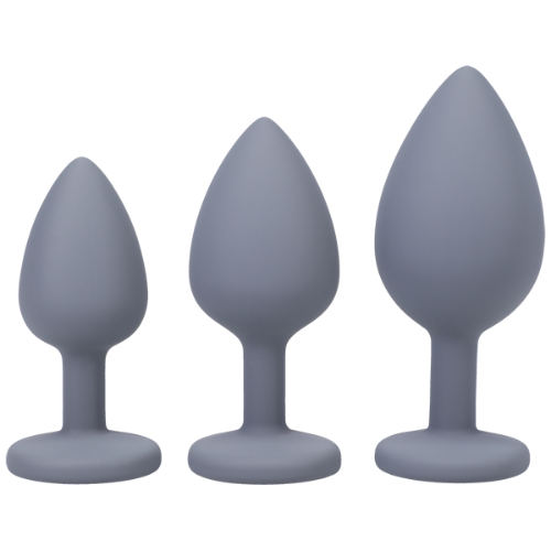three gray silicone butt plugs in gradually increasing size
