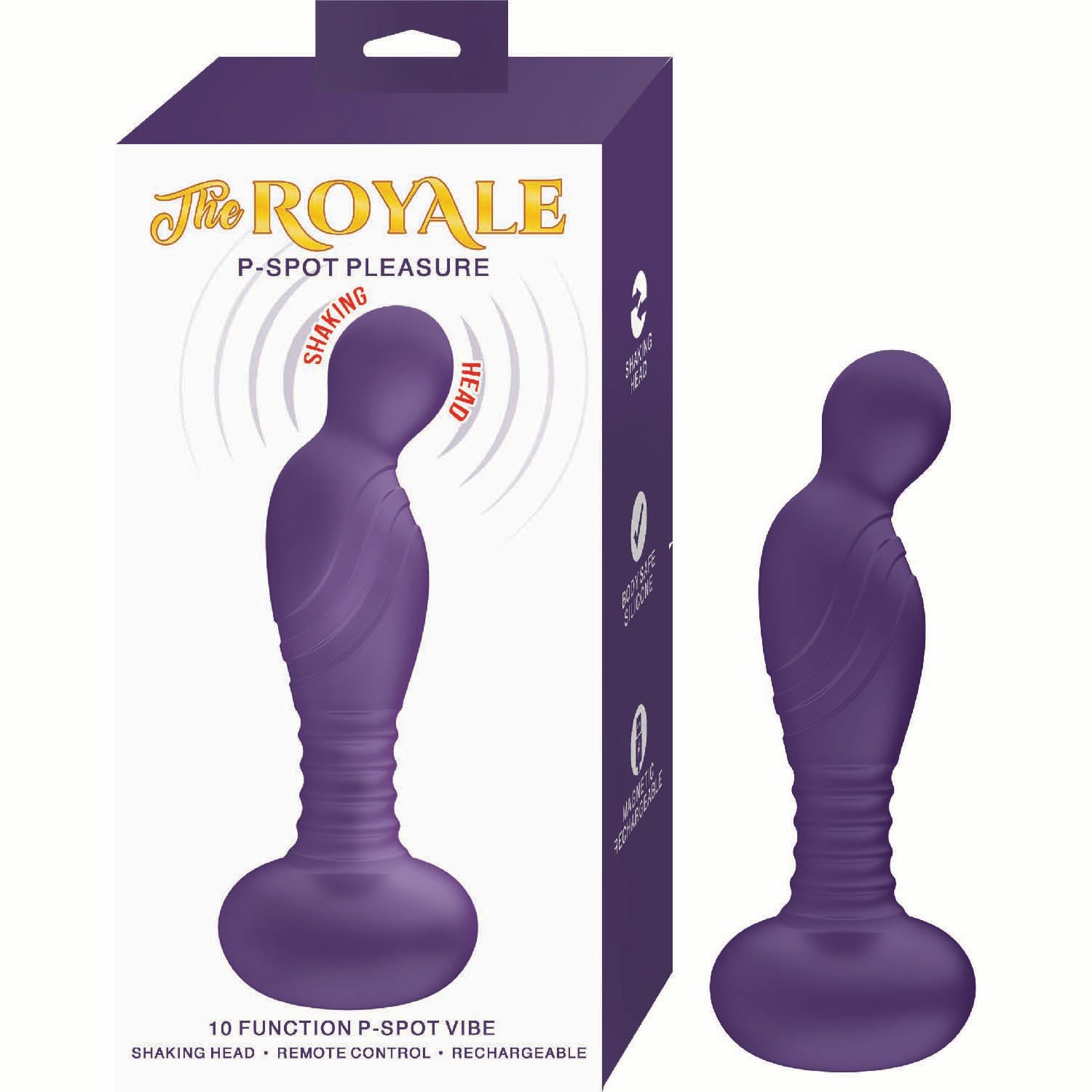 the royale p-spot pleasure vibrator purple and white box on left with purple vibrator on right