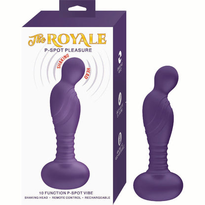 the royale p-spot pleasure vibrator purple and white box on left with purple vibrator on right