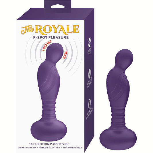 the royale p-spot pleasure vibrator purple and white box on left with purple vibrator on right