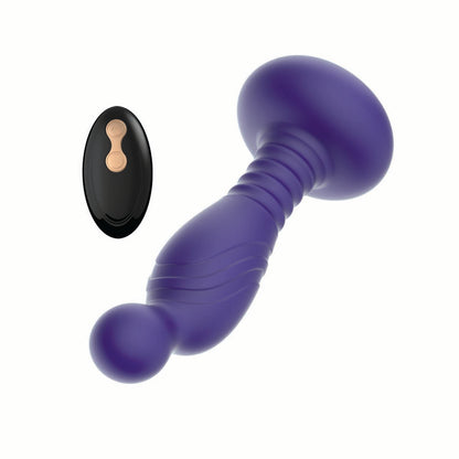 the royale p-spot pleasure vibrator purple vibrator next to remote control