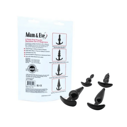 4 black butt plugs next to packaging, showing the back of the package