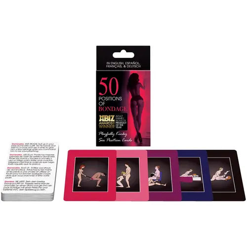 50 positions of bondage game - black and red box with colorful cards depicting bondage acts