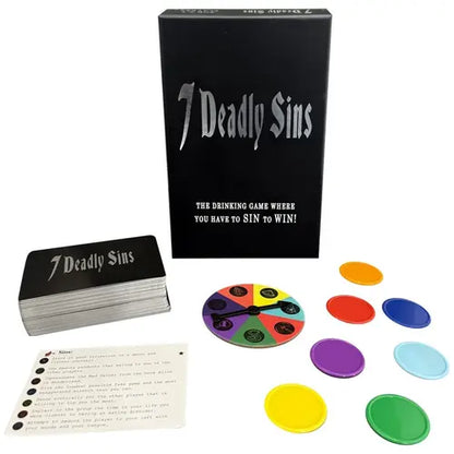 7 Deadly Sins - drinking game with black box, cards, spinner and colorful tokens