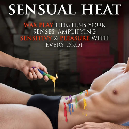 sensual heat candle, hand holding dripping wax candle over man's bare abdomen