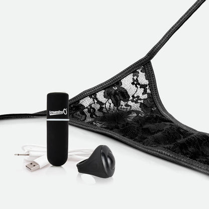black lacy panty with black bullet vibrator, remote control ring and usb charger