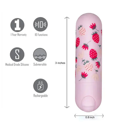 Pink Bari Vibrator with strawberry print next to details