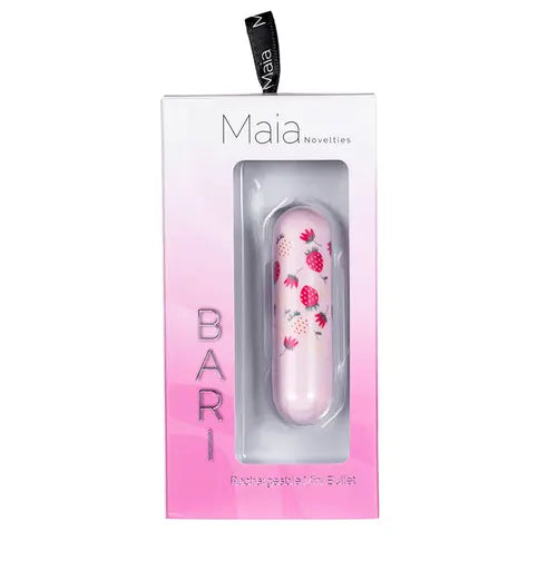 Pink Bari Vibrator with strawberry print in pink and white package