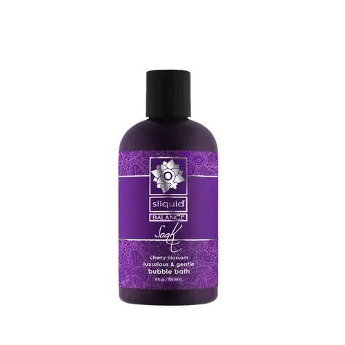 Soak Bubble Bath in bottle with purple label and black cap - Cherry Blossom