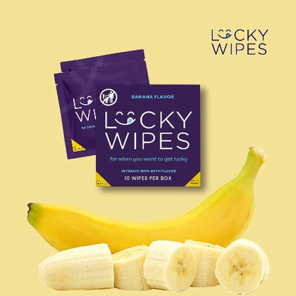 Two packages of Lucky Wipes with a banana on a yellow background, featuring the Lucky Wipes logo.