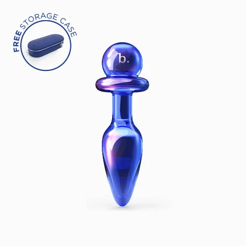 Anii blue butt plug against white background with information about free storage case