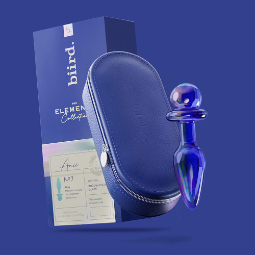 Biird Anii blue glass butt plug with vegan leather case and blue package