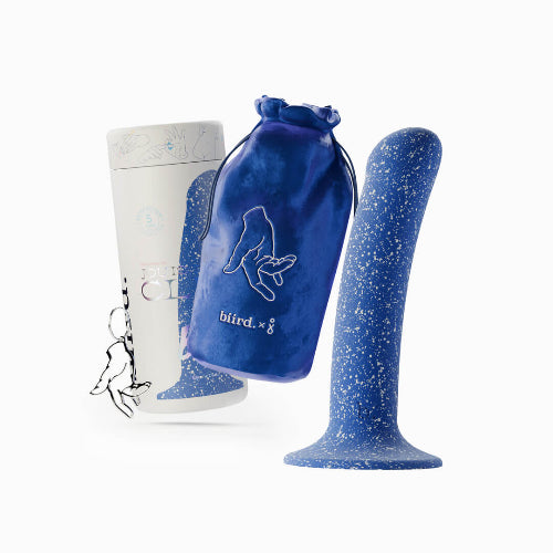 blue dildo with blue storage bag and package