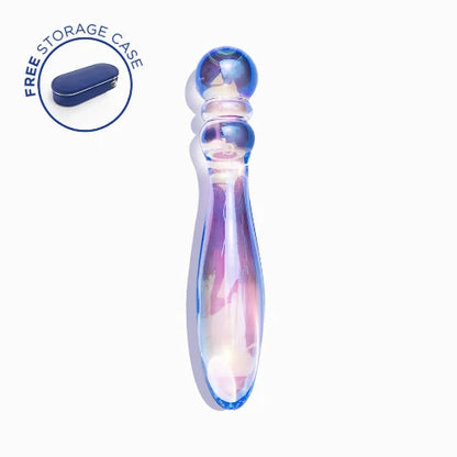 Cecii rainbow glass dildo against white background with information about a free storage case