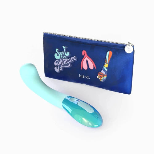 Mint color Gii Glow vibrator with blue storage pouch