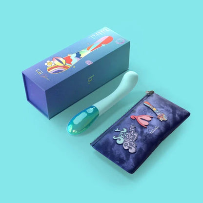 Mint color Gii Glow vibrator with blue box and blue storage pouch