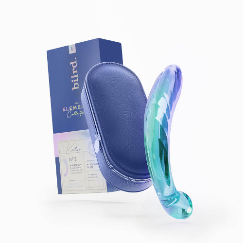 purple and blue glass dildo next to blue storage case and blue package