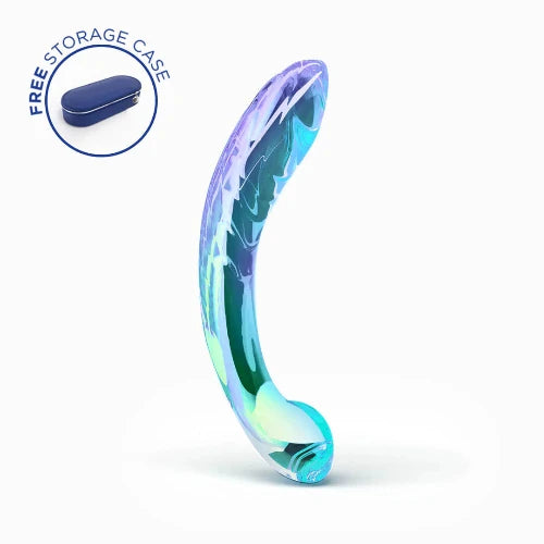 curved purple and blue shimmering dildo against white background